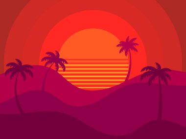 Palm trees on a retro sunset background. Tropical palm trees against the backdrop of a futuristic sunset. Design for promotional products, banner and poster. Vector illustration