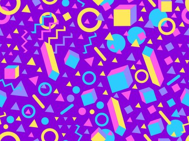 Geometric seamless pattern with 3d shapes in 80s memphis style. Isometric 3D geometric shapes in different colors. Design for printing on paper, banners and wallpapers. Vector illustration