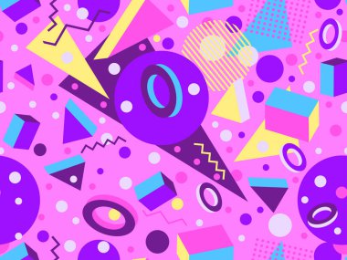 Geometric seamless pattern with 3d shapes in 80s memphis style. Isometric 3D geometric shapes in different colors. Design for printing on paper, banners and wallpapers. Vector illustration