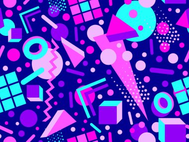 Geometric seamless pattern with 3d shapes in 80s memphis style. Isometric 3D geometric shapes in different colors. Design for printing on paper, banners and wallpapers. Vector illustration