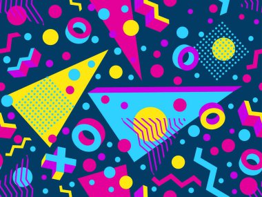 Geometric seamless pattern with 3d shapes in 80s memphis style. Isometric 3D geometric shapes in different colors. Design for printing on paper, banners and wallpapers. Vector illustration