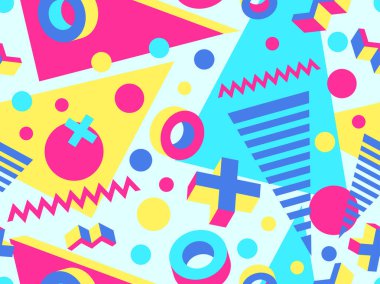 Geometric seamless pattern with 3d shapes in 80s memphis style. Isometric 3D geometric shapes in different colors. Design for printing on paper, banners and wallpapers. Vector illustration