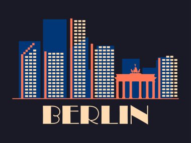 Berlin landscape in vintage style. Retro banner of Berlin city with Brandenburg Gate and houses in linear style. Design for print, posters and promotional materials. City logo. Vector illustration