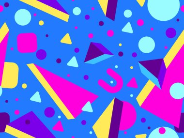 Geometric seamless pattern with 3d shapes in 80s memphis style. Isometric 3D geometric shapes in different colors. Design for printing on paper, banners and wallpapers. Vector illustration