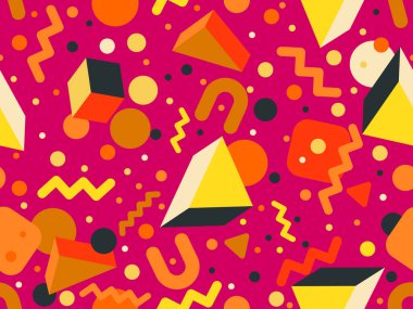 Geometric seamless pattern with 3d shapes in 80s memphis style. Isometric 3D geometric shapes in different colors. Design for printing on paper, banners and wallpapers. Vector illustration