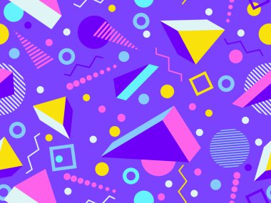 Geometric seamless pattern with 3d shapes in 80s memphis style. Isometric 3D geometric shapes in different colors. Design for printing on paper, banners and wallpapers. Vector illustration