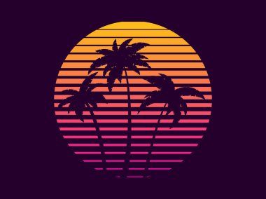 Tropical palm trees at sunset in a futuristic 80s style. Summer time, silhouettes of palm trees in synthwave and retrowave style. Design of advertising booklets and banners. vector illustration