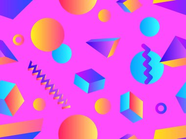Geometric seamless pattern with 3D figures in the Memphis style of the 80s. Isometric 3D geometric shapes with gradient colors. Design for printing on paper, banner and wallpaper. Vector illustration