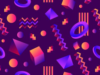 Geometric seamless pattern with 3D figures in the Memphis style of the 80s. Isometric 3D geometric shapes with gradient colors. Design for printing on paper, banner and wallpaper. Vector illustration