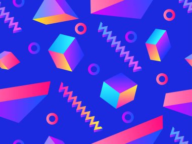 Geometric seamless pattern with 3D figures in the Memphis style of the 80s. Isometric 3D geometric shapes with gradient colors. Design for printing on paper, banner and wallpaper. Vector illustration