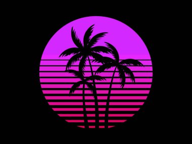 Tropical palm trees at sunset in a futuristic 80s style. Summer time, silhouettes of palm trees in synthwave and retrowave style. Design of advertising booklets and banners. vector illustration