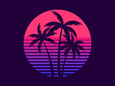 Tropical palm trees at sunset in a futuristic 80s style. Summer time, silhouettes of palm trees in synthwave and retrowave style. Design of advertising booklets and banners. vector illustration