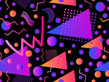 Geometrik gradyan şekilli kusursuz Memphis deseni. 80 'lerin tarzında renkli geometrik desen. Afişler, promosyon ürünleri ve posterler için tasarım. Vektör illüstrasyonu