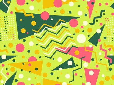 80 'lerin tarzında, geometrik şekilli, kusursuz Memphis deseni. Renkli geometrik desen. Promosyon ürünleri tasarımı, ambalaj kağıdı ve baskı. Vektör illüstrasyonu