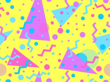80 'lerin tarzında, geometrik şekilli, kusursuz Memphis deseni. Renkli geometrik desen. Promosyon ürünleri tasarımı, ambalaj kağıdı ve baskı. Vektör illüstrasyonu
