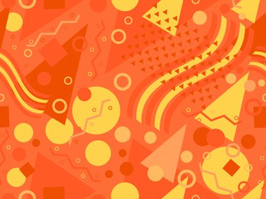 80 'lerin tarzında, geometrik şekilli, kusursuz Memphis deseni. Renkli geometrik desen. Promosyon ürünleri tasarımı, ambalaj kağıdı ve baskı. Vektör illüstrasyonu