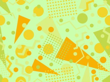 80 'lerin tarzında, geometrik şekilli, kusursuz Memphis deseni. Renkli geometrik desen. Promosyon ürünleri tasarımı, ambalaj kağıdı ve baskı. Vektör illüstrasyonu