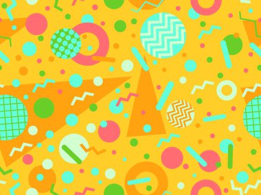 80 'lerin tarzında, geometrik şekilli, kusursuz Memphis deseni. Renkli geometrik desen. Promosyon ürünleri tasarımı, ambalaj kağıdı ve baskı. Vektör illüstrasyonu
