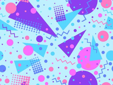 80 'lerin tarzında, geometrik şekilli, kusursuz Memphis deseni. Renkli geometrik desen. Promosyon ürünleri tasarımı, ambalaj kağıdı ve baskı. Vektör illüstrasyonu