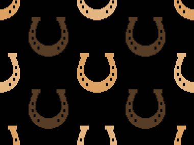 Pixel horseshoes seamless pattern. Happy Saint Patrick's Day. Symbol of good luck and happiness 8 bit horseshoe in retro video game style. Vector illustration