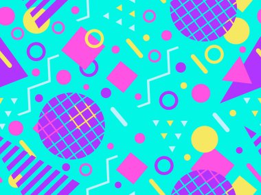 80 'lerin tarzında, geometrik şekilli, kusursuz Memphis deseni. Renkli geometrik desen. Promosyon ürünleri tasarımı, ambalaj kağıdı ve baskı. Vektör illüstrasyonu