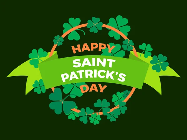 Happy Patrick Day Banner Ribbon Clover Leaves Four Leaf Clover — Vettoriale Stock
