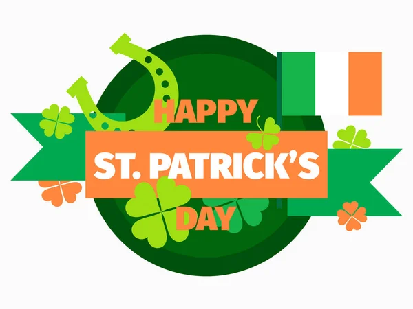 Happy Patrick Day Banner Clover Ribbon Horseshoe Ireland Flag Isolated —  Vetores de Stock