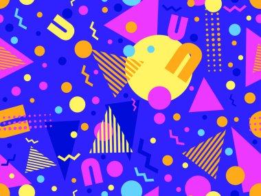 80 'lerin tarzında, geometrik şekilli, kusursuz Memphis deseni. Renkli geometrik desen. Promosyon ürünleri tasarımı, ambalaj kağıdı ve baskı. Vektör illüstrasyonu