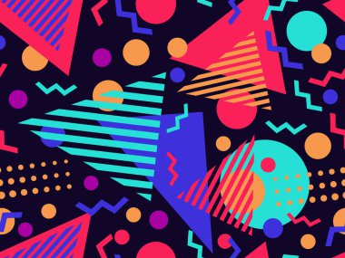 80 'lerin memphis tarzında kusursuz geometrik desen. Renkli geometrik şekiller. Promosyon ürünleri tasarımı, ambalaj kağıdı ve baskı. Vektör illüstrasyonu