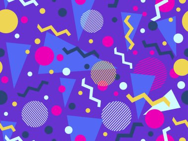 80 'lerin memphis tarzında kusursuz geometrik desen. Renkli geometrik şekiller. Promosyon ürünleri tasarımı, ambalaj kağıdı ve baskı. Vektör illüstrasyonu