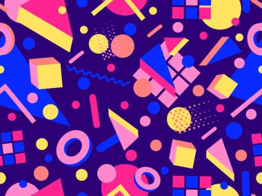 80 'lerin memphis tarzında kusursuz geometrik desen. Renkli geometrik şekiller. Promosyon ürünleri tasarımı, ambalaj kağıdı ve baskı. Vektör illüstrasyonu