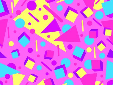 80 'lerin memphis tarzında kusursuz geometrik desen. Renkli geometrik şekiller. Promosyon ürünleri tasarımı, ambalaj kağıdı ve baskı. Vektör illüstrasyonu