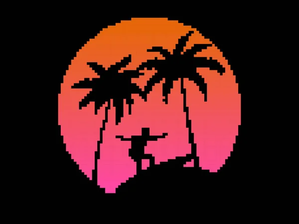 日落时冲浪 棕榈树呈像素艺术风格 复古日落与棕榈树在8位合成波风格 海报和应用程序的像素设计 矢量说明 — 图库矢量图片