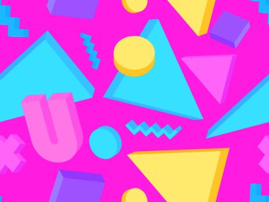 Memphis seamless pattern with 3d geometric shapes in 80s style. Colorful geometric pattern. Design of promotional products, wrapping paper and printing. Vector illustration