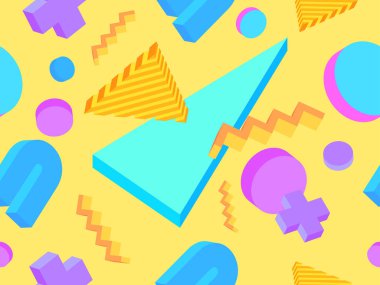 Memphis seamless pattern with 3d geometric shapes in 80s style. Colorful geometric pattern. Design of promotional products, wrapping paper and printing. Vector illustration