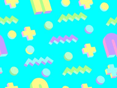Memphis seamless pattern with 3d geometric shapes in 80s style. Colorful geometric pattern. Design of promotional products, wrapping paper and printing. Vector illustration