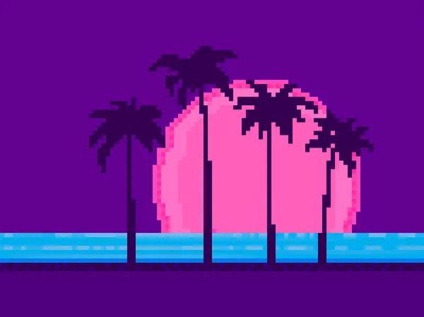 Palm Trees Sunset Pixel Art Style Bit Landscape Palm Trees — Stock Vector