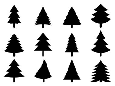 Beyaz arka planda izole edilmiş siyah Noel ağaçları. Noel ağacı siluetleri. Posterler, afişler ve promosyon ürünleri için noel ağacı tasarımı. Vektör illüstrasyonu