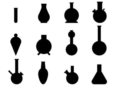 Siyah laboratuvar camları beyaz arka planda izole edilmiş. Laboratuvar cam siluetleri. Posterler, afişler ve promosyon ürünleri için kimyasal mataralar tasarlamak. Vektör illüstrasyonu
