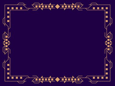 Art deco çerçeve. Klasik doğrusal sınır. Davetiyeler, broşürler ve tebrik kartları için bir şablon tasarla. Geometrik altın çerçeveli. 1920 'lerin tarzı - 1930' lar. Vektör illüstrasyonu
