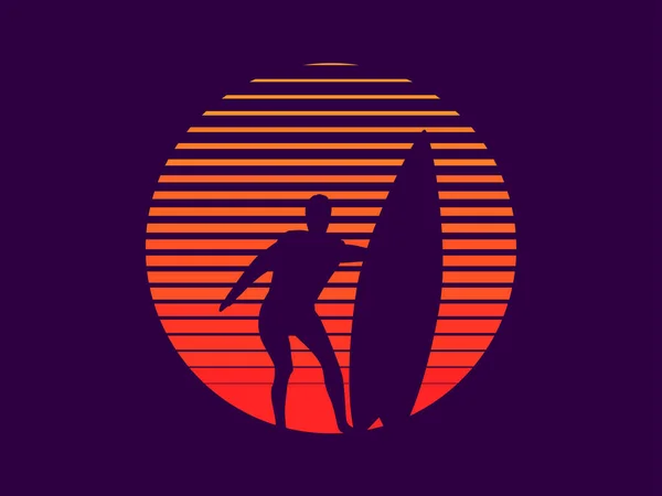 Homem Segurar Uma Prancha Pôr Sol Surfista Com Uma Prancha — Vetor de Stock