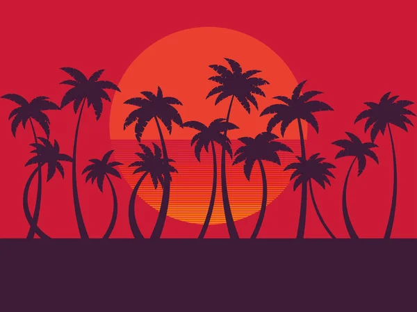 Czarne Sylwetki Palm Zachodzie Słońca Tropikalny Krajobraz Palmami Retro Słońce — Wektor stockowy
