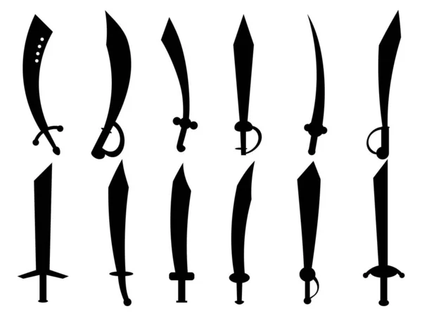 Epées Courbes Noires Placées Isolées Sur Fond Blanc Silhouettes Épées — Image vectorielle