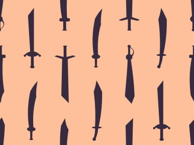 Kıvrımlı kılıçlar kusursuz desen. Kılıç siluetleri. Roma İmparatorluğu 'nun silahları, Gladius. Posterler, afişler ve promosyon ürünleri için kılıç tasarımı. Vektör illüstrasyonu