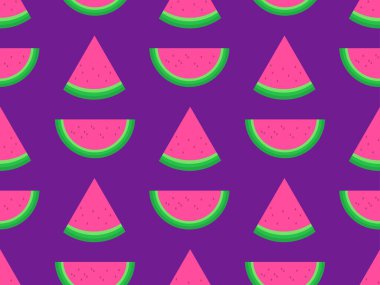 Karpuz dikişsiz desen. Mor arka planda çekirdekleri olan karpuz dilimleri. Posterler, duvar kağıtları, promosyon ürünleri için tasarım. Vektör illüstrasyonu