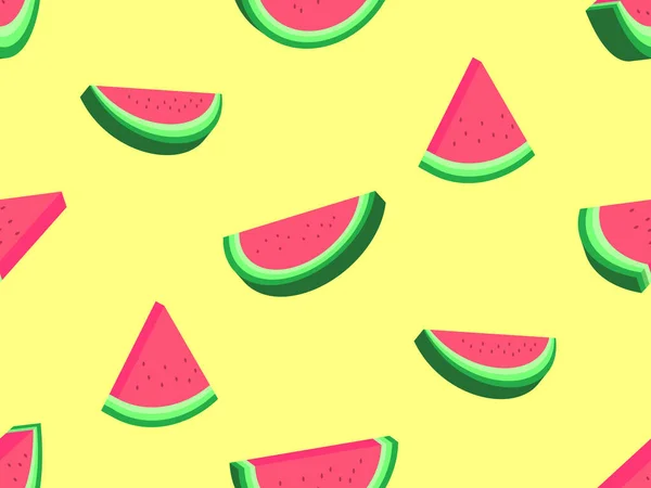 Watermelon Seamless Pattern Style Isometric Slices Watermelon Seeds Yellow Background — Stock Vector