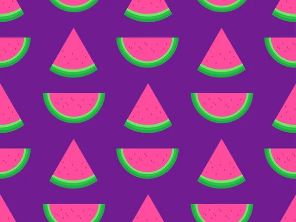 Безшовний Візерунок Кавуна Шматочки Кавуна Насінням Фіолетовому Фоні Дизайн Плакатів — стоковий вектор