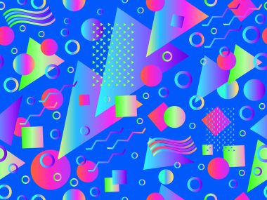 Geometrik gradyan şekilli kusursuz Memphis deseni. 80 'lerin tarzında renkli geometrik desen. Afişler, promosyon ürünleri ve posterler için tasarım. Vektör illüstrasyonu