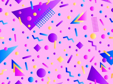 Geometrik gradyan şekilli kusursuz Memphis deseni. 80 'lerin tarzında renkli geometrik desen. Afişler, promosyon ürünleri ve posterler için tasarım. Vektör illüstrasyonu