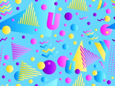 Geometrik gradyan şekilli kusursuz Memphis deseni. 80 'lerin tarzında renkli geometrik desen. Afişler, promosyon ürünleri ve posterler için tasarım. Vektör illüstrasyonu